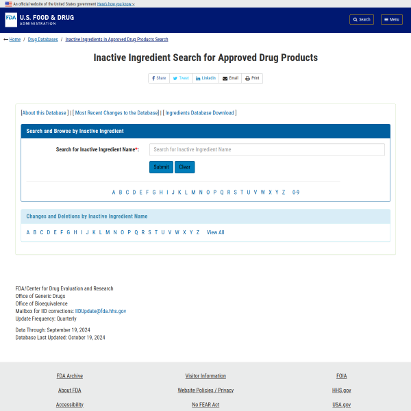 FDA - Inactive Ingredient Search for Approved Drug Products